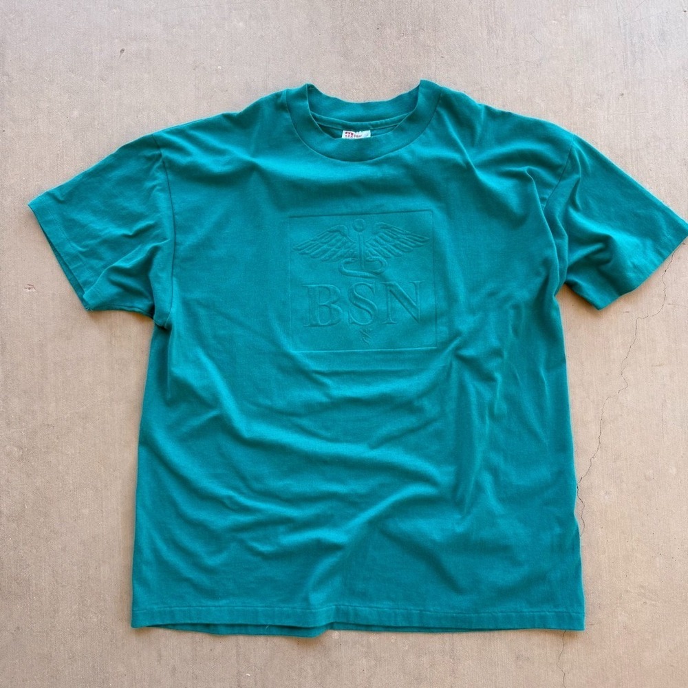 Vintage BSN Sports Shirt Mens XL Teal Embossed‎ Logo USA Made Single Stitch Tee
